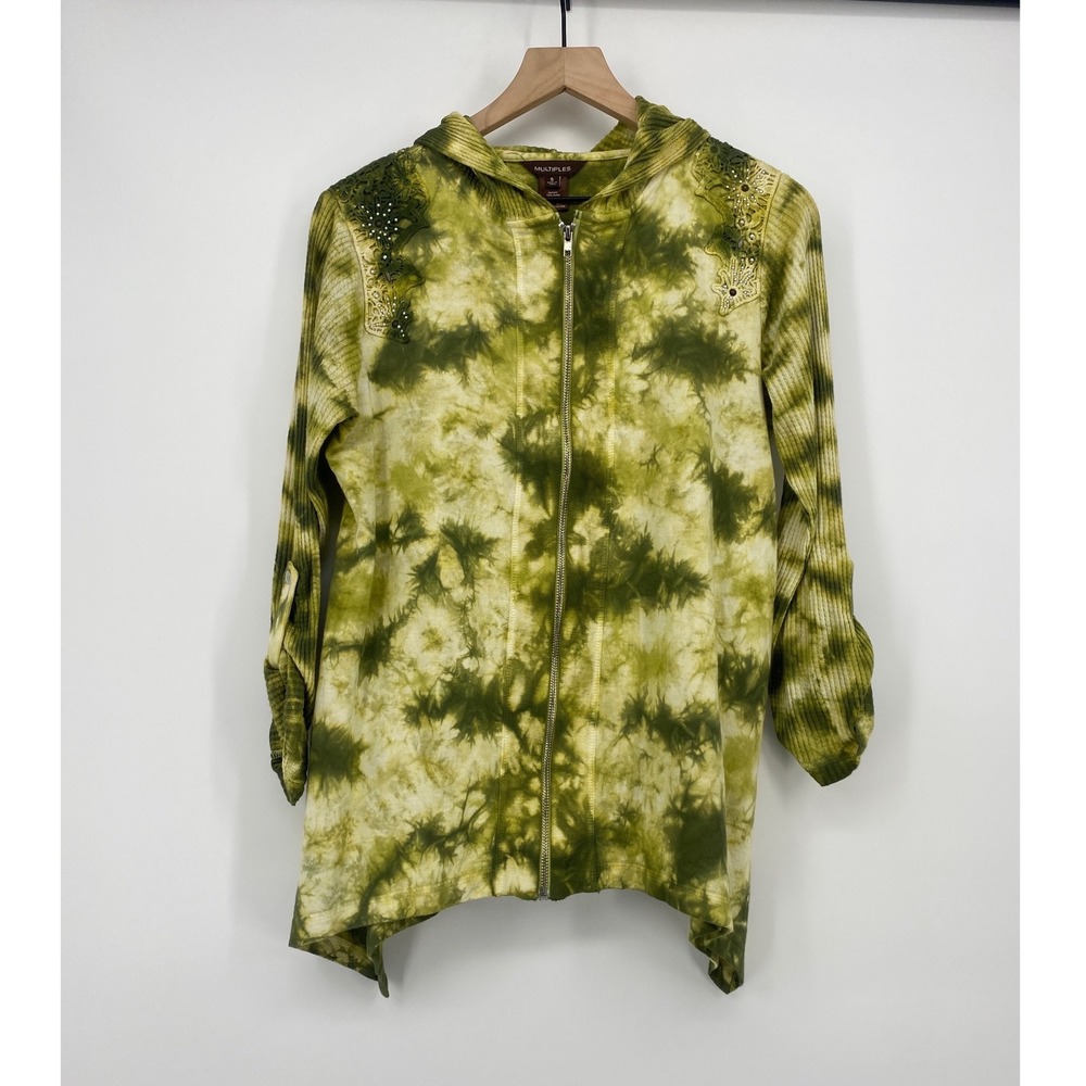 Multiples Zip Up Hoodie Small Green Tie Dye Waffle Knit Embellished Excellent